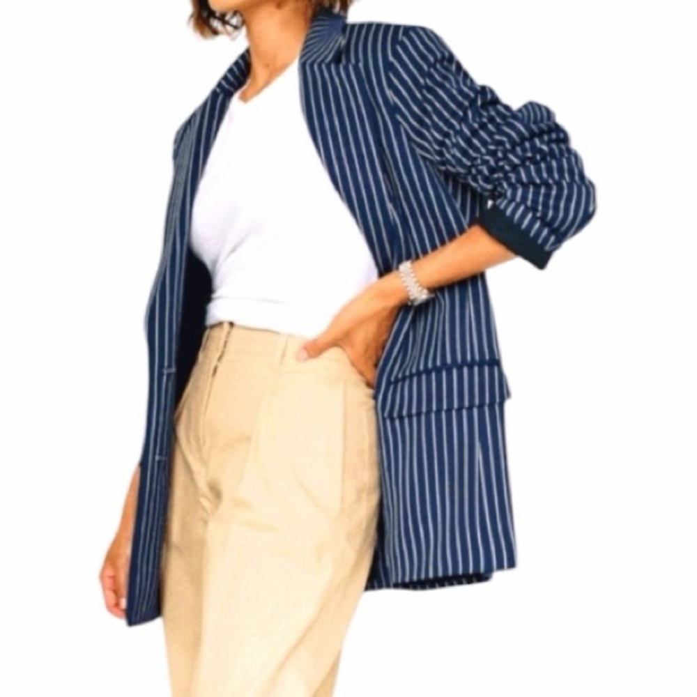 Leze The Lable Sierra Boyfriend Pinstripe Blue White Blazer Women's Medium - Picture 13 of 13